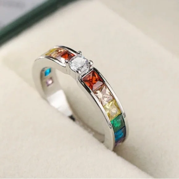 NEW 925 COLORFUL RAINBOW SQUARE GEM
BAGUETTE STONE RING - Picture 5 of 5